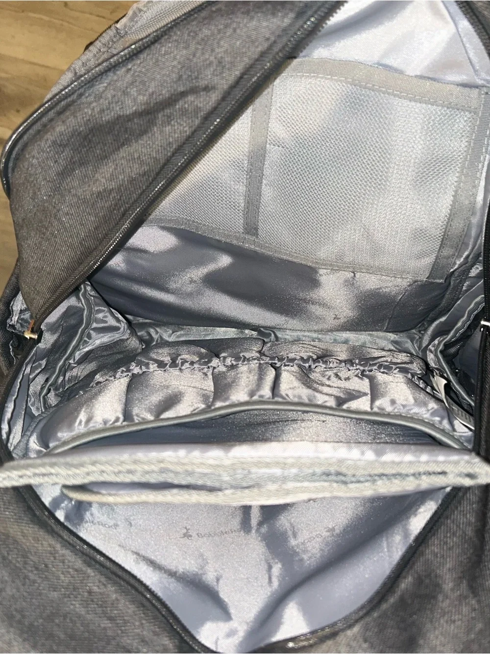 Quilted Grey Baby Bag Backpack with Tan Accent Details